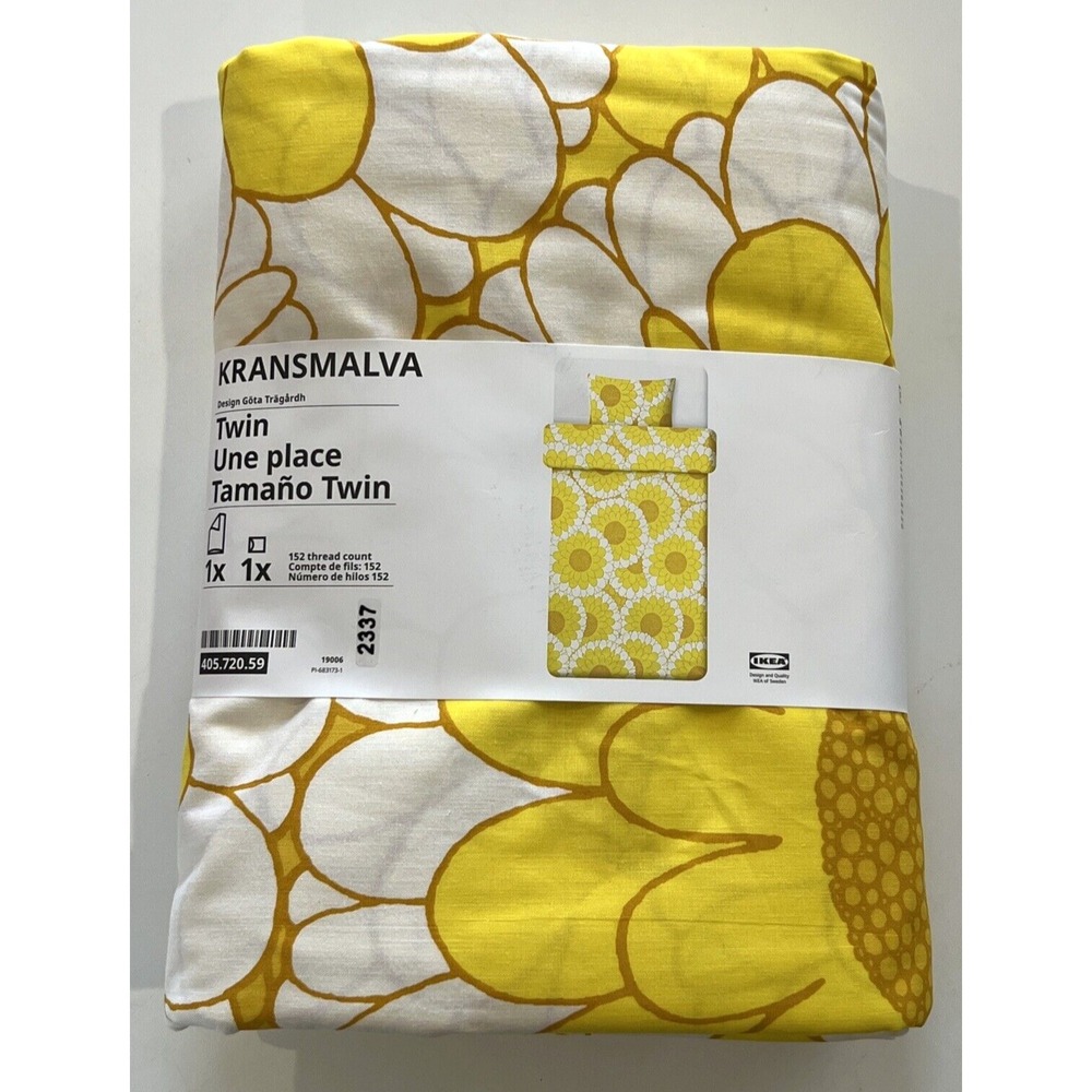 New IKEA KRANSMALVA Twin Duvet Cover with Pillowcase, Yellow White Floral